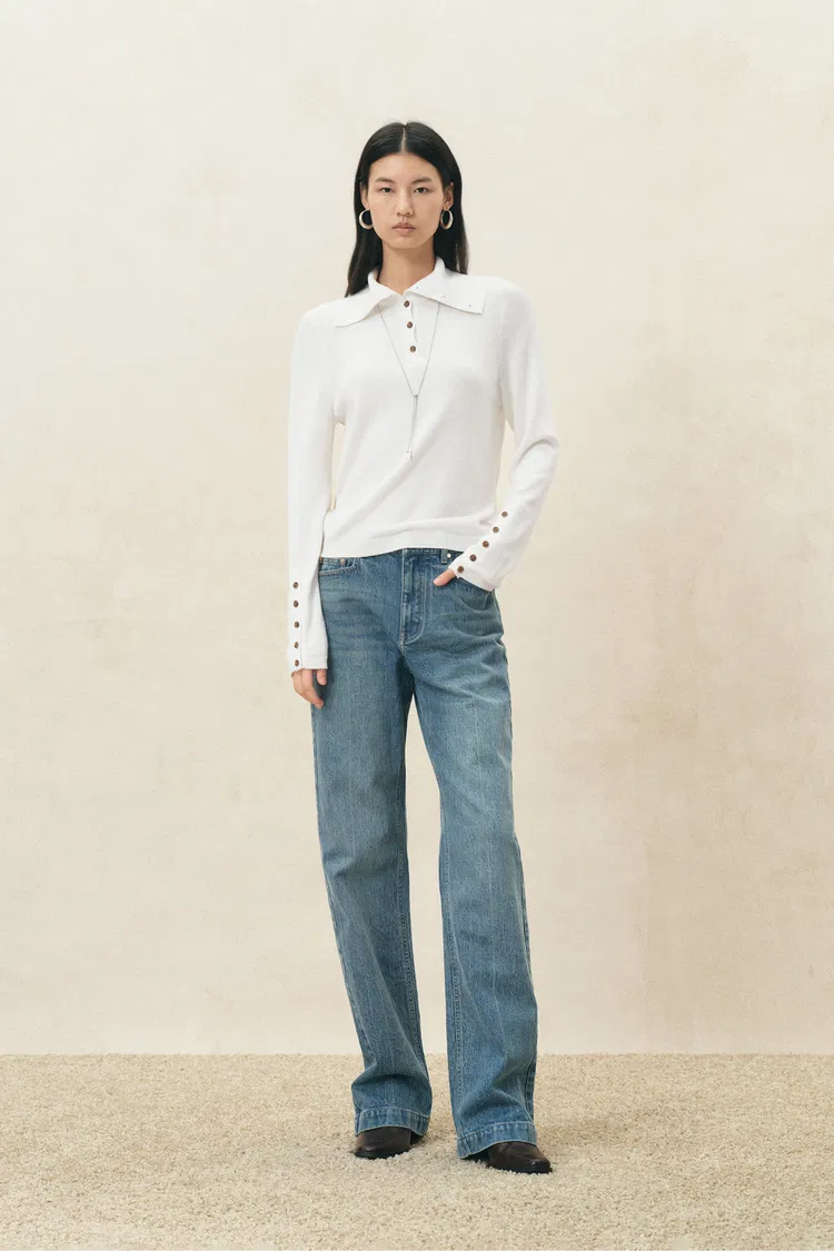 Kira Button Turtleneck Top in Wool Blend Knit