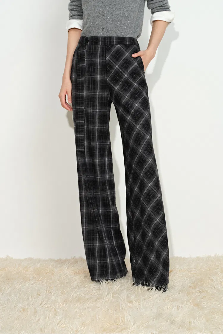 Kristy Plaid Offset Panel Wide Leg Pants in Lightweight Flannel