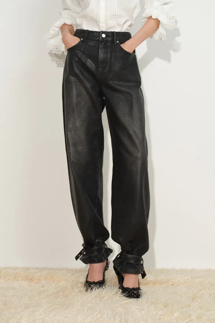 Lila Cinch Hem Barrel Leg Jeans in Wax Coated Denim