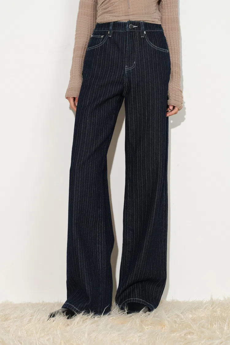 Liora Herringbone Stripe Wide Leg Jeans in Cotton Denim