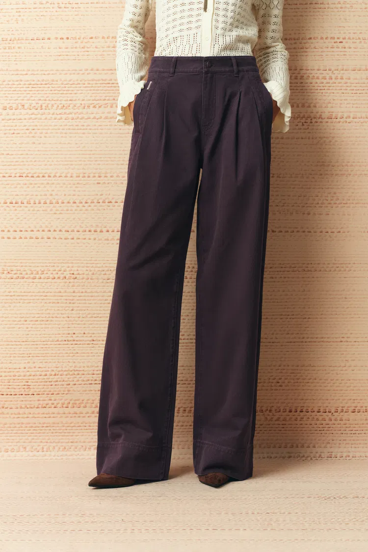 Malinda Pleated Wide Leg Denim Jeans in Cotton Denim
