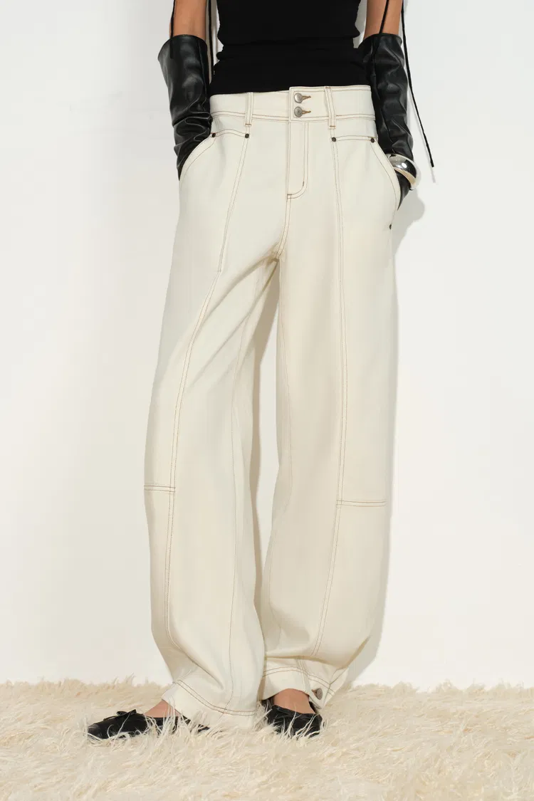 Manon Contrast Stitch Deconstructed Barrel Jeans in Cotton Denim