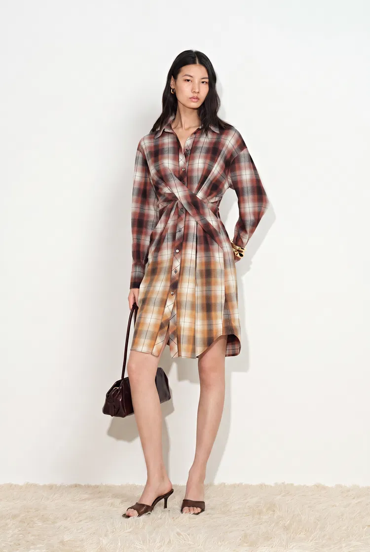 Marcella Plaid Ombré Twist Front Shirt Dress in Cotton