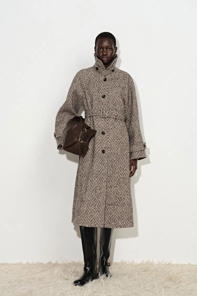 Margot Flecked Herringbone Belted Long Coat in Wool Blend