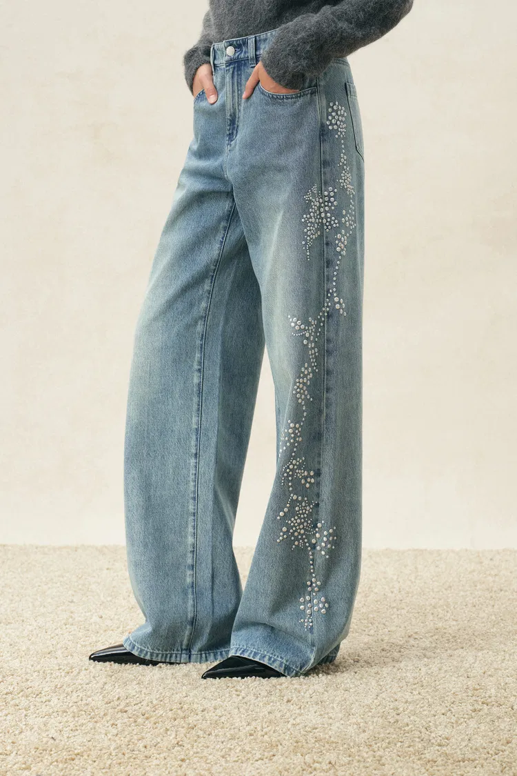 Maris Metal Embellished Straight Leg Jeans in Cotton Denim