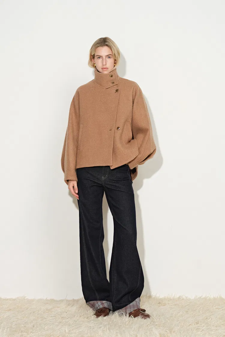 Marlis Camel Cocoon Cropped Coat in Wool Blend