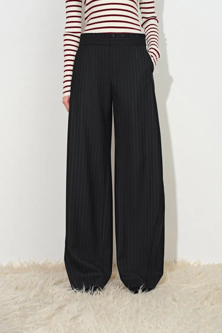 Milou Pinstripe Double Waist Barrel Leg Trousers in Wool Blend