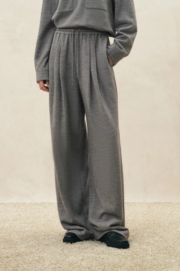Miranda Pleated Drawstring Wide Leg Pants in Wool Blend