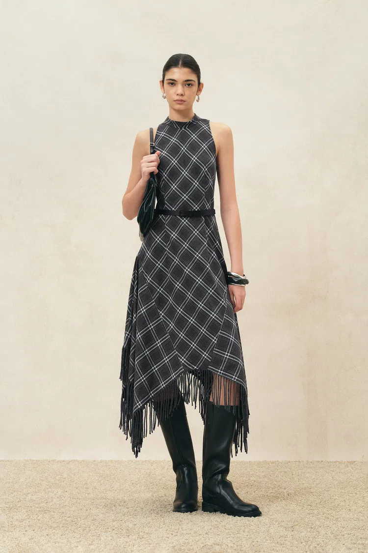 Mona Plaid Asymmetric Fringed Belted Dress in Flannel