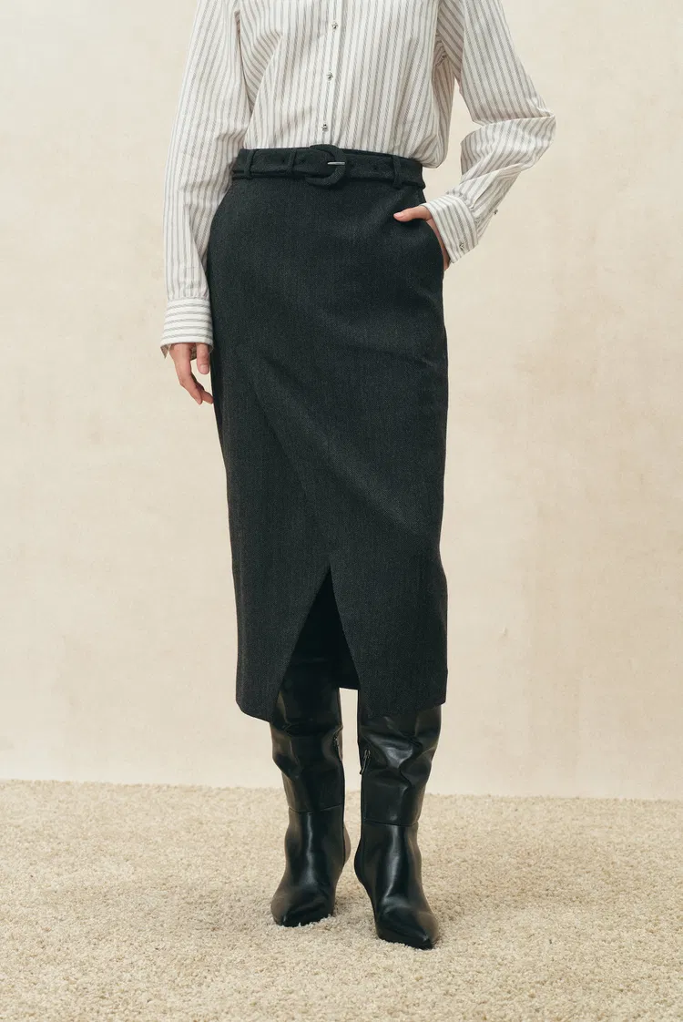 Muriel Tulip Silhouette Belted Slit Midi Skirt in Wool Blend
