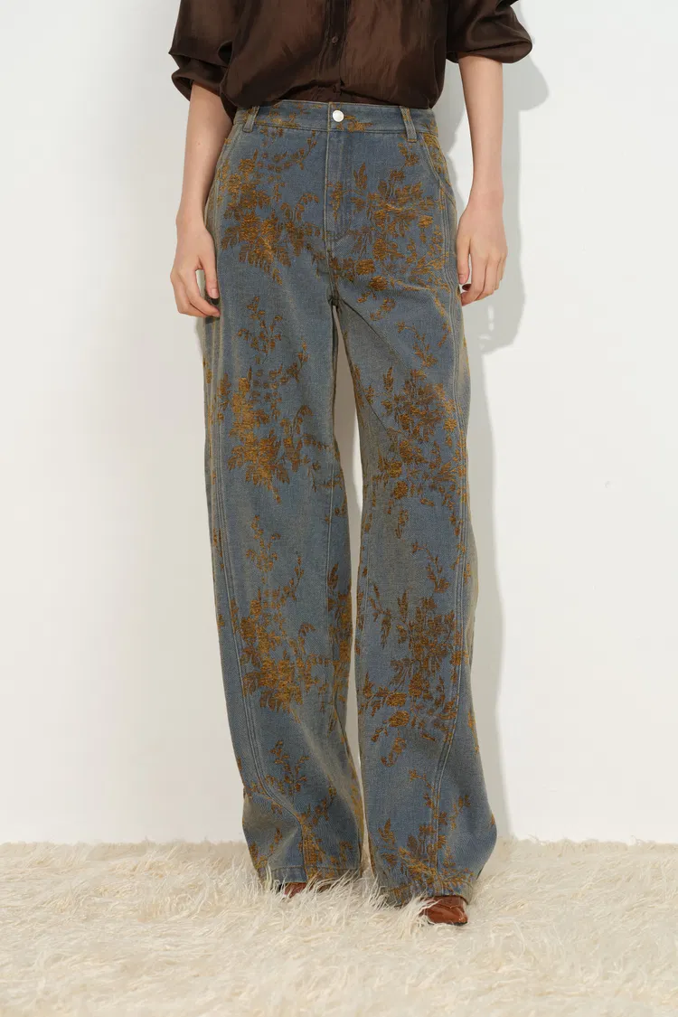 Natalie Contrast Flocked Jacquard Barrel Leg Jeans