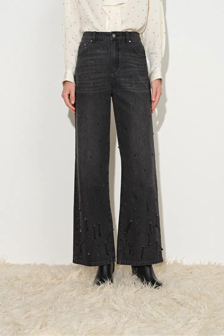 Nia Hand Studded Fringed Straight Leg Jeans
