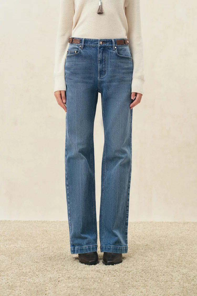 Odelia Leather Buckle Straight Leg Jeans in Cotton Denim