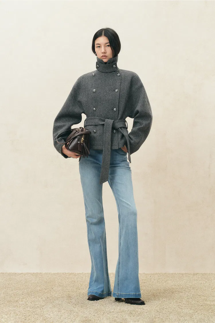 Rae Napoleon Inspired Short Coat in Wool Blend Herringbone