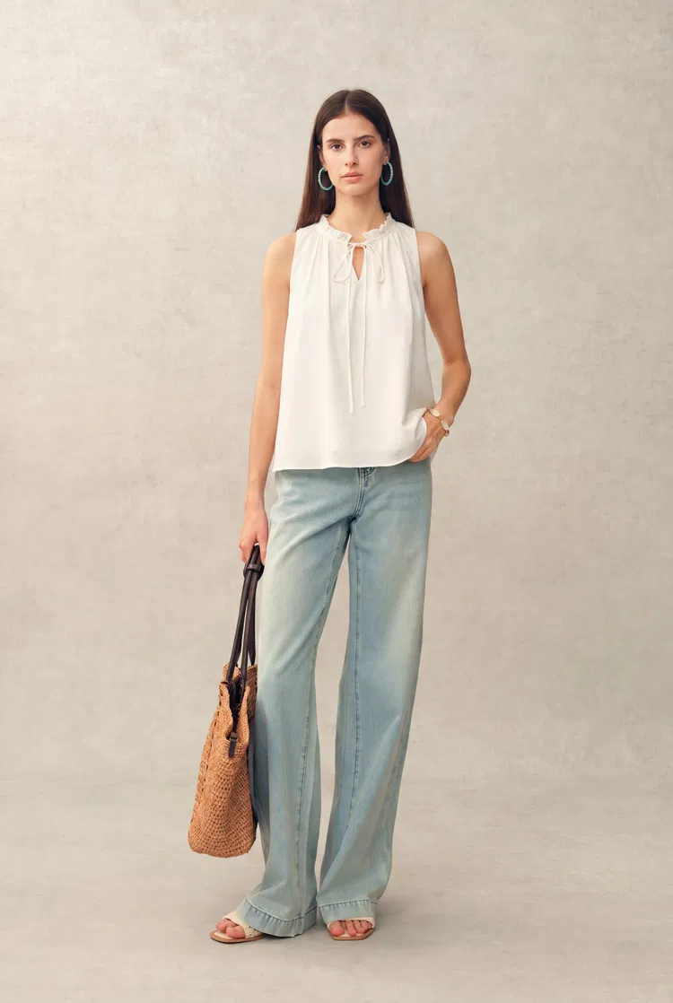 Rosalind Ruffle Neck Tie Front Sleeveless Top in Lightweight Lyocell Fabric