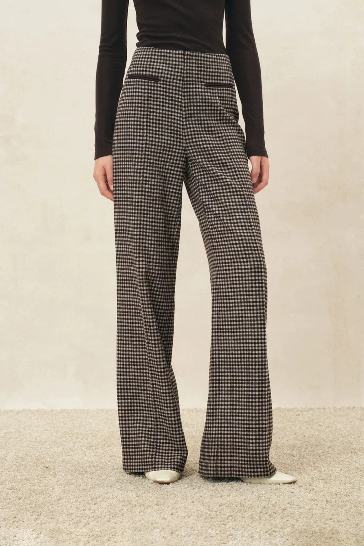 Shot Plaid Wide Leg Pants in Wool Blend