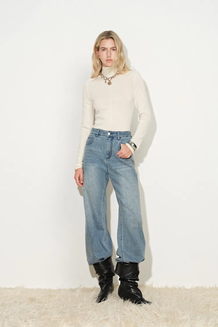 Tilly Seamed Semi Sheer Knit Top in Wool Cotton Blend