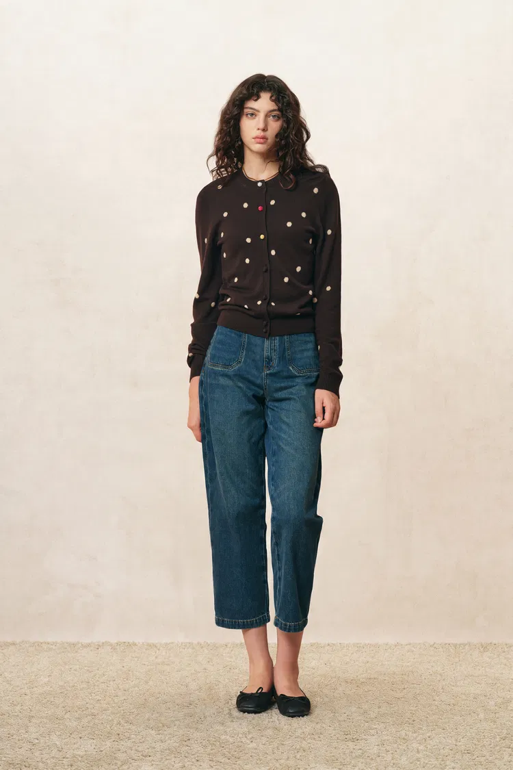 Zoe Contrast Polka Dot Cardigan in Wool Blend